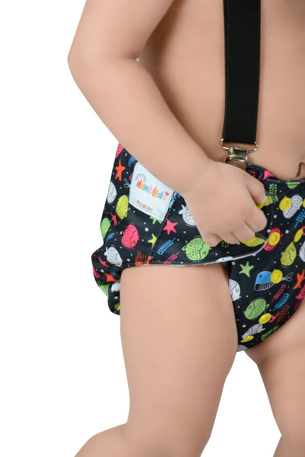 Printed Cloth Diaper With Large Black Insert (Pack of 4) (Heart Bloom + Mango Bloom + Aqua Mermaid + Ocean Pop)