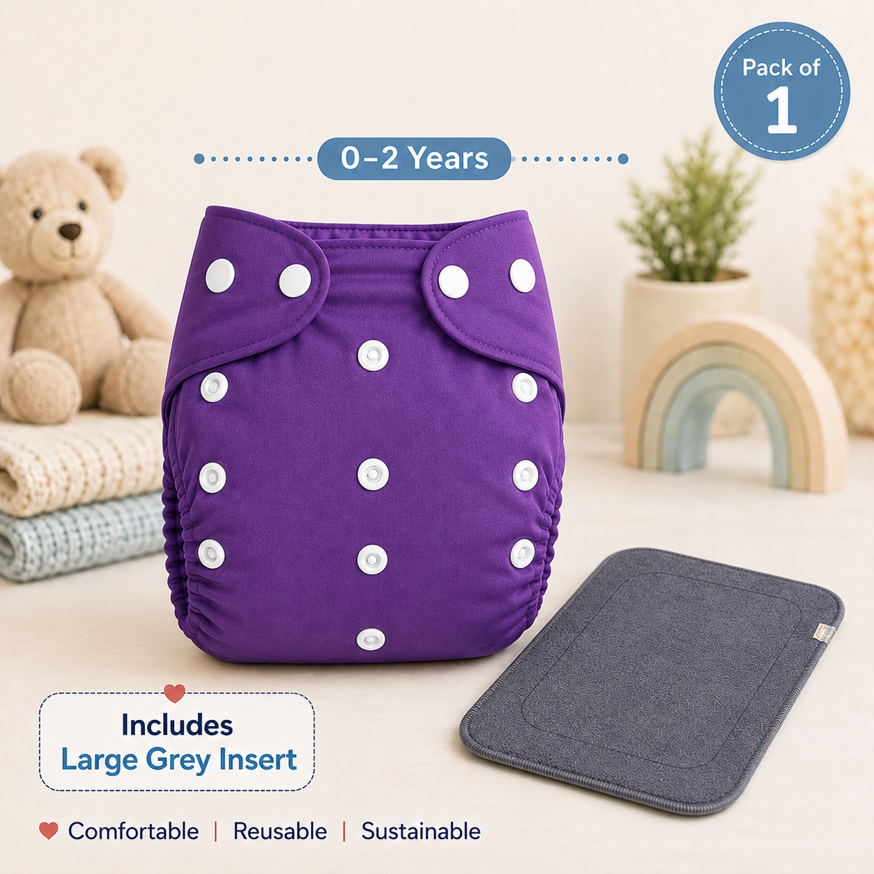 Royal Purple Reusable Cloth Diaper with Grey Insert – Pack of 1