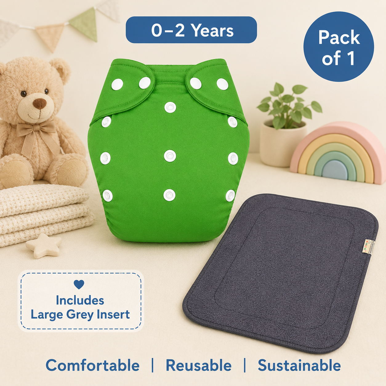 Fresh Green Reusable Cloth Diaper with Grey Insert – Pack of 1