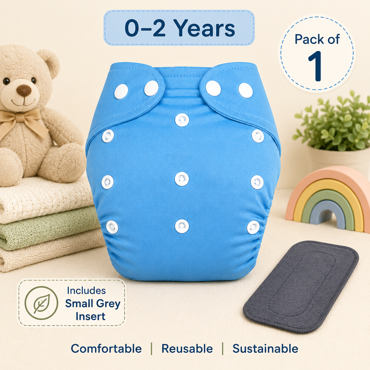 Sky Blue Reusable Cloth Diaper with Grey Insert – Pack of 1