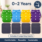 Solid Quad™ Reusable Cloth Diapers with Grey Inserts– Pack of 4