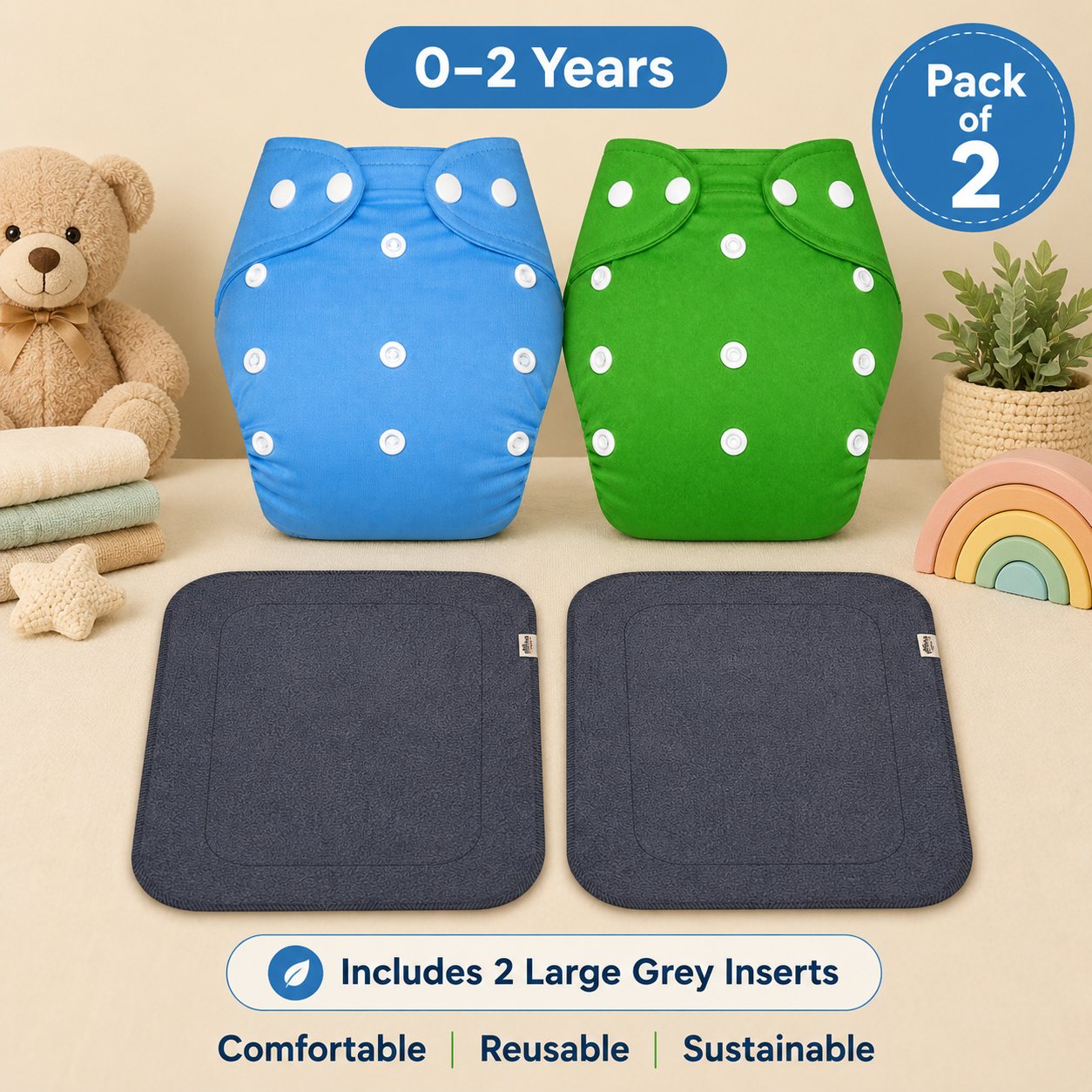 Solid Duo Reusable Cloth Diapers with Grey Inserts– Pack of 2
