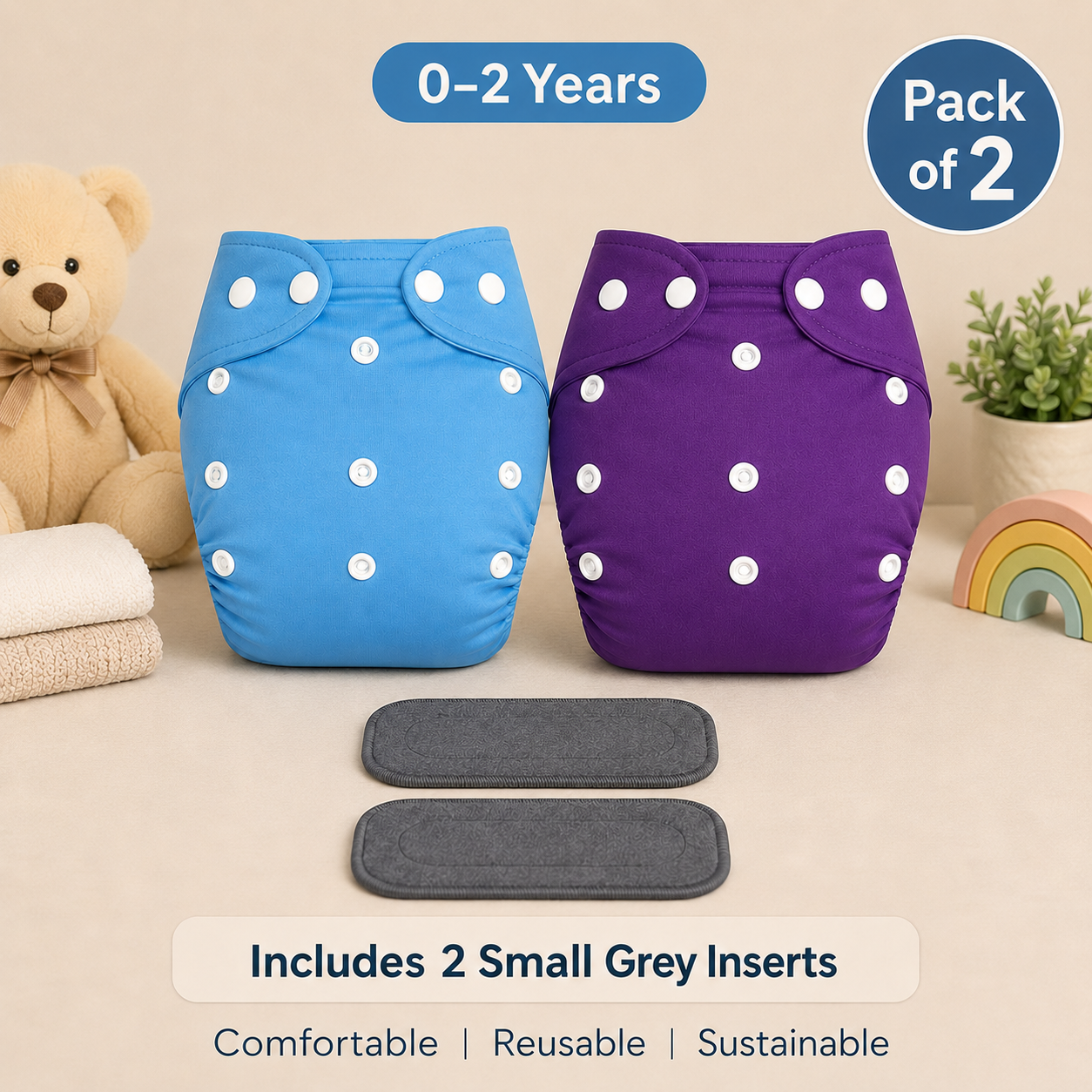 Solid Duo Reusable Cloth Diapers with Grey Inserts– Pack of 2