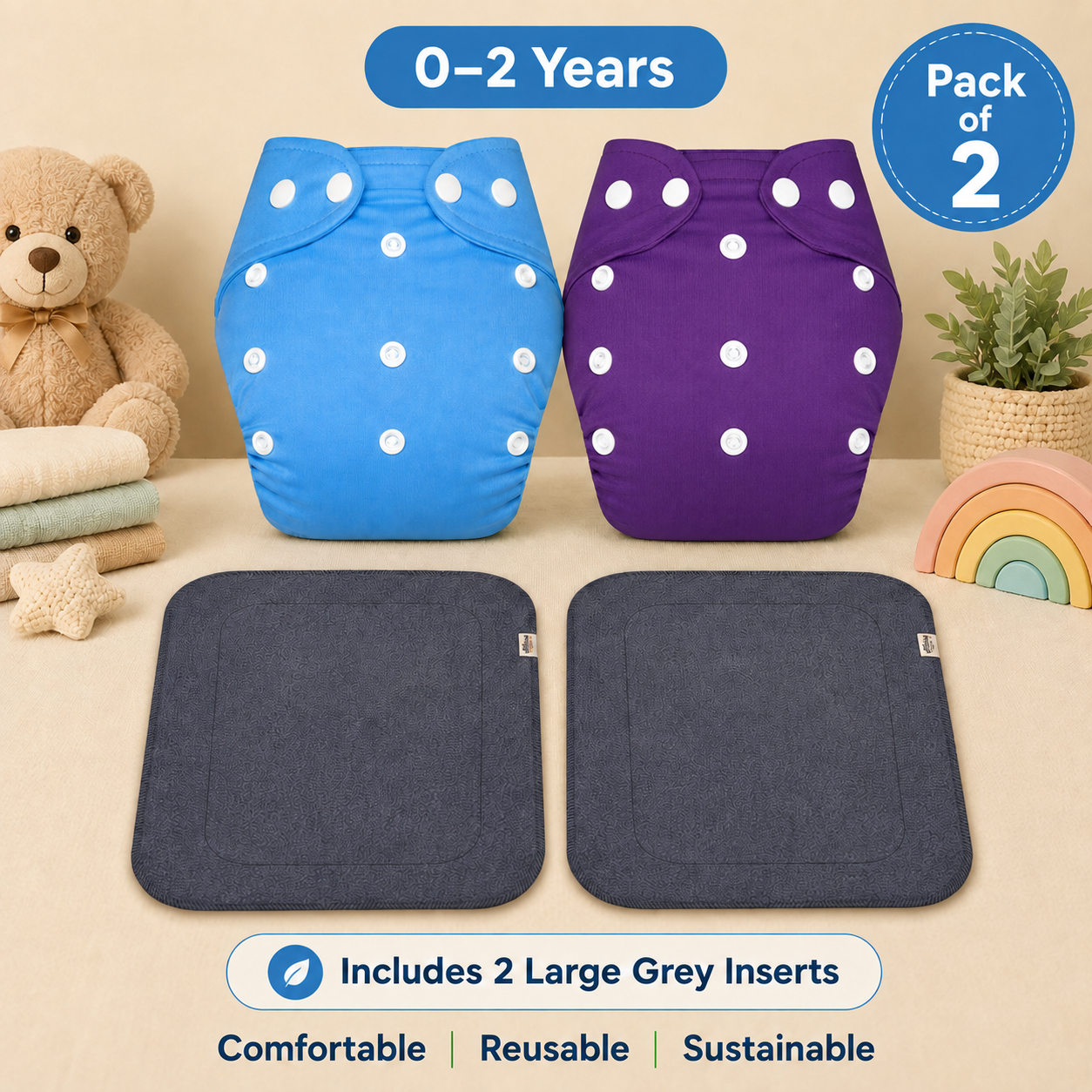 Solid Duo Reusable Cloth Diapers with Grey Inserts– Pack of 2