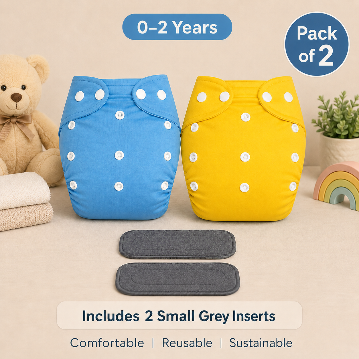 Solid Duo Reusable Cloth Diapers with Grey Inserts– Pack of 2