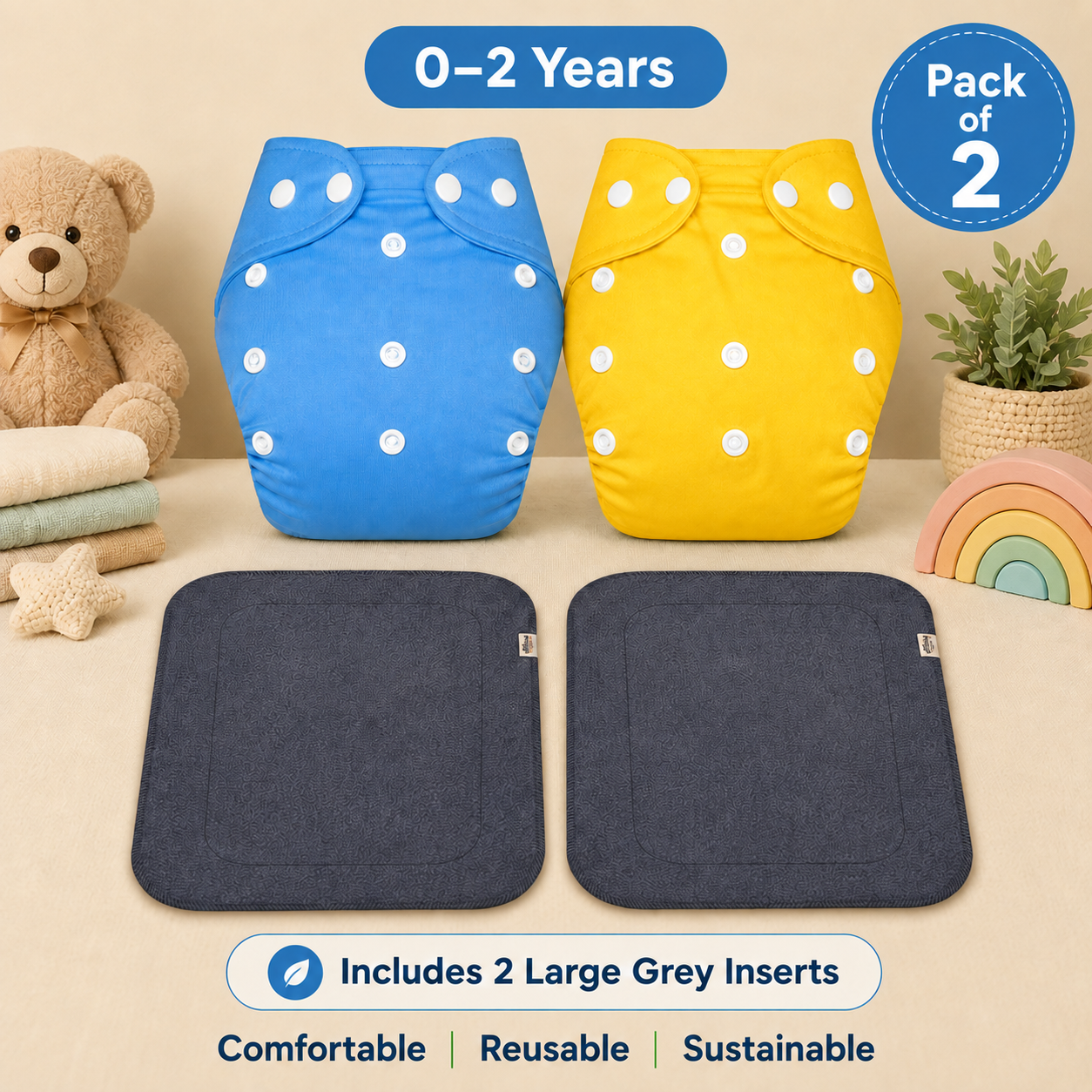 Solid Duo Reusable Cloth Diapers with Grey Inserts– Pack of 2