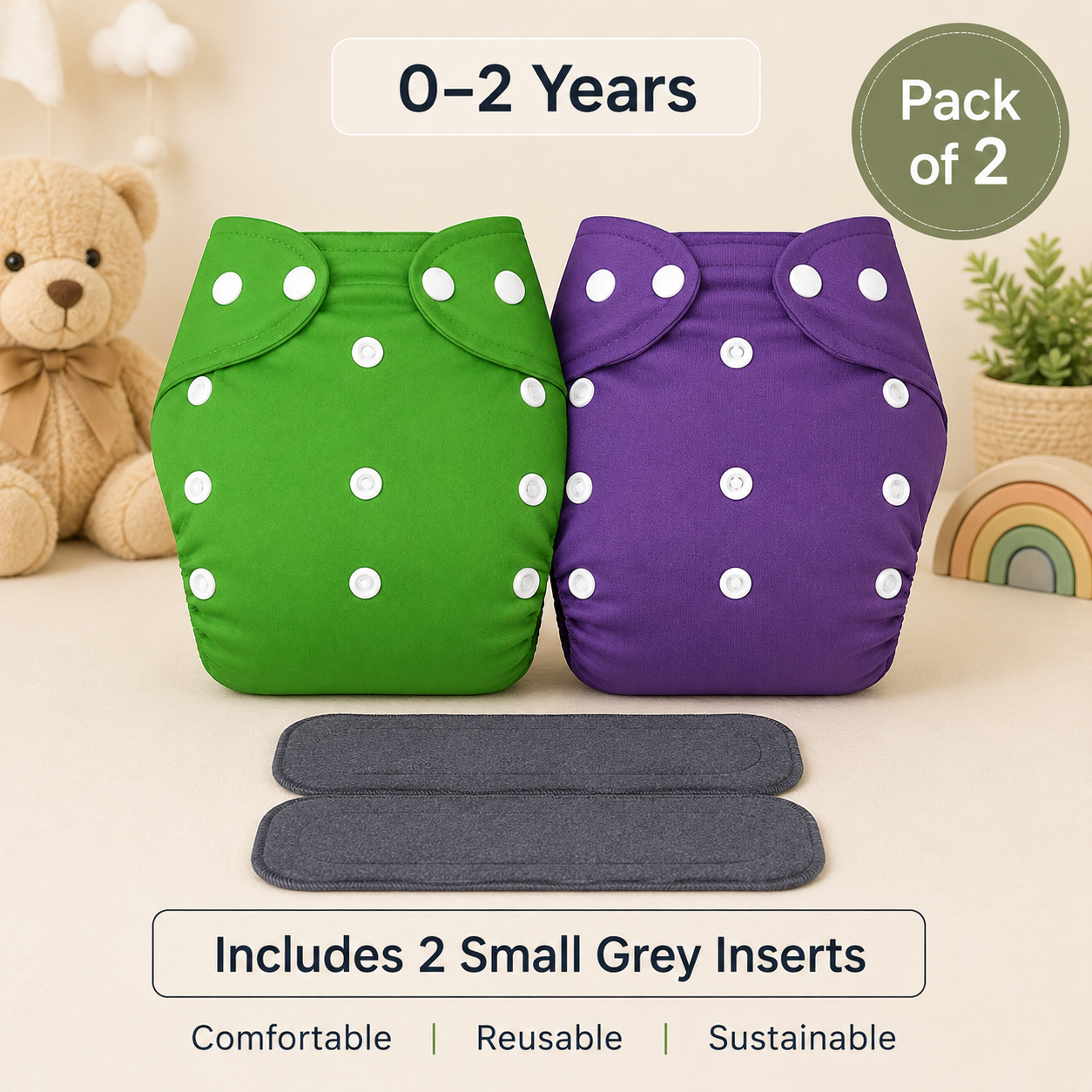 Solid Duo Reusable Cloth Diapers with Grey Inserts– Pack of 2