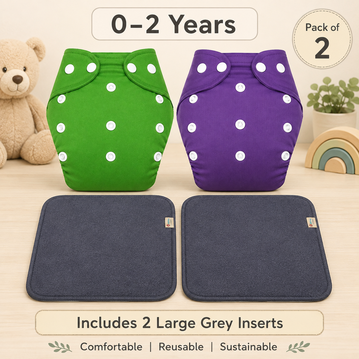 Solid Duo Reusable Cloth Diapers with Grey Inserts– Pack of 2