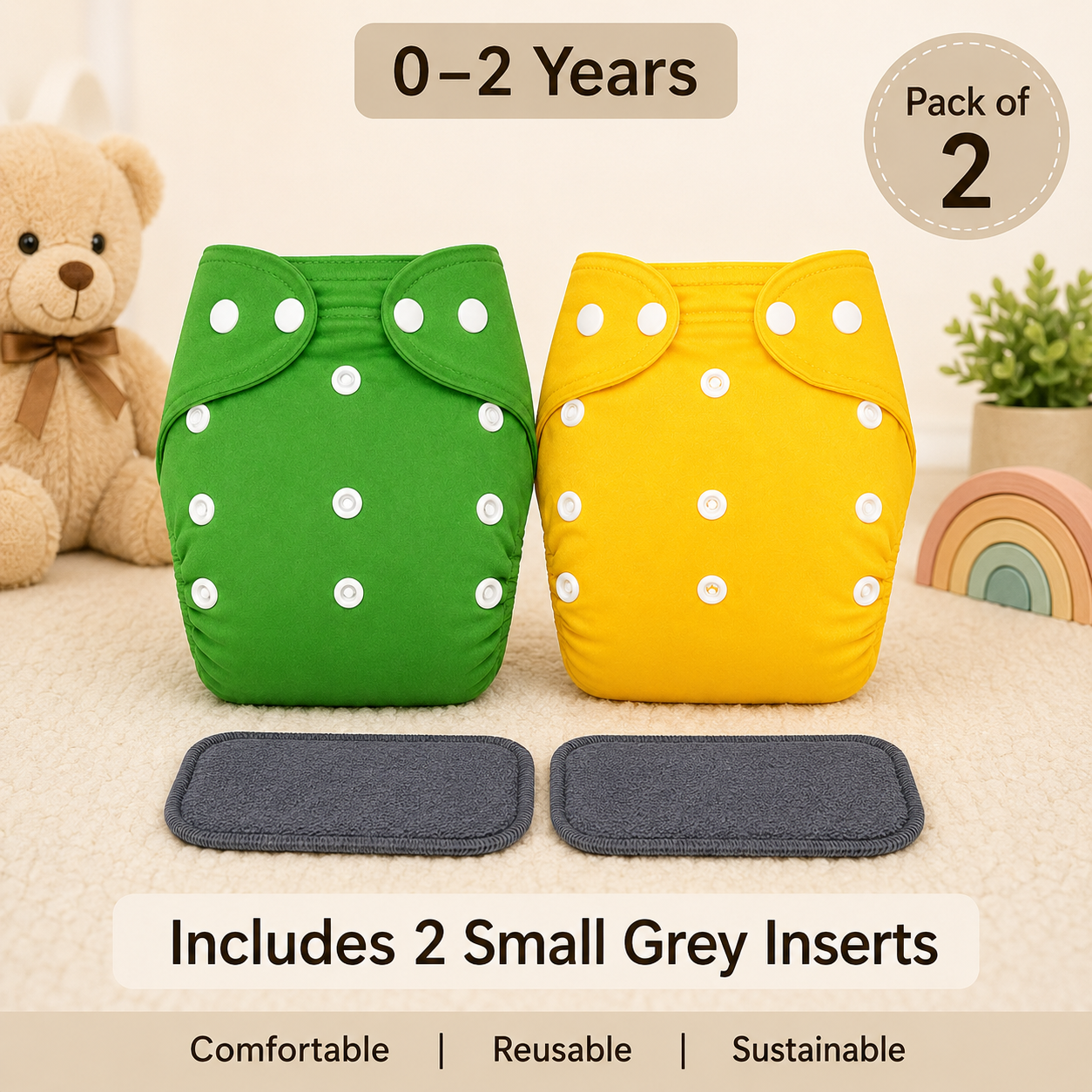 Solid Duo Reusable Cloth Diapers with Grey Inserts– Pack of 2
