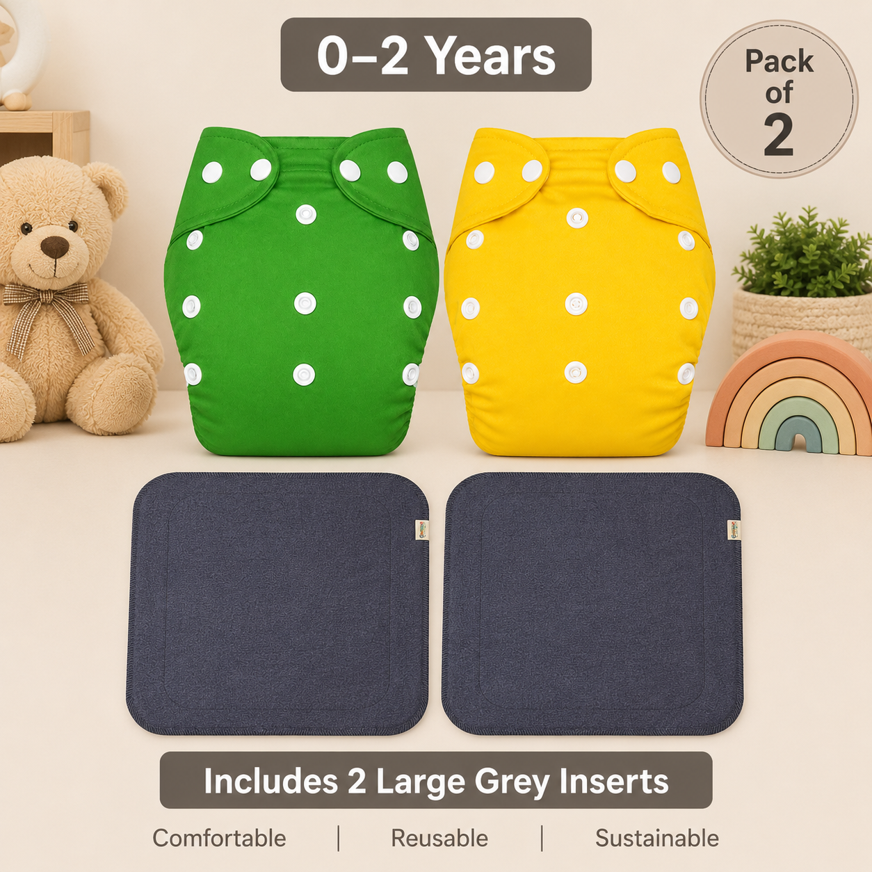 Solid Duo Reusable Cloth Diapers with Grey Inserts– Pack of 2