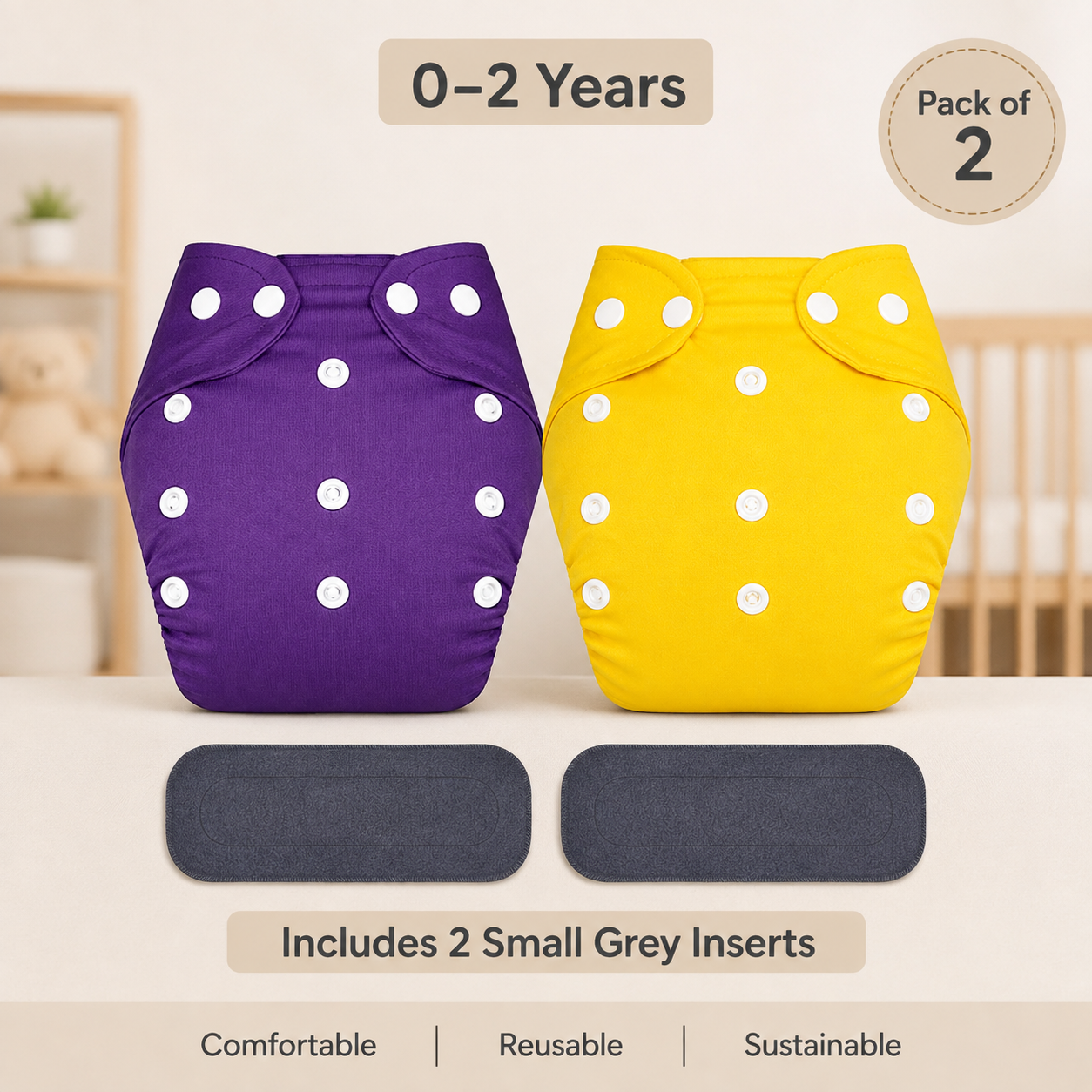 Solid Duo Reusable Cloth Diapers with Grey Inserts– Pack of 2