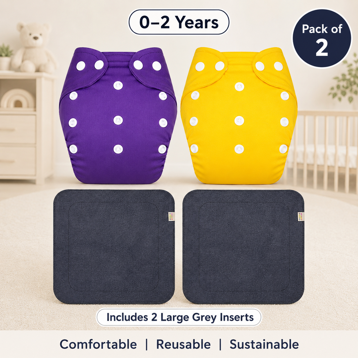 Solid Duo Reusable Cloth Diapers with Grey Inserts– Pack of 2