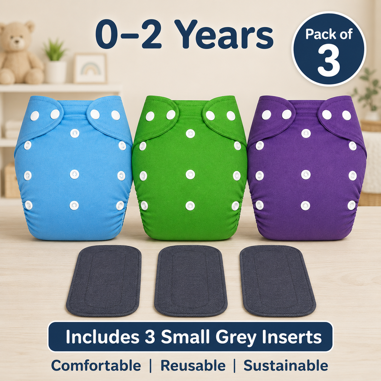 Solid Trio Reusable Cloth Diapers with Grey Inserts– Pack of 3