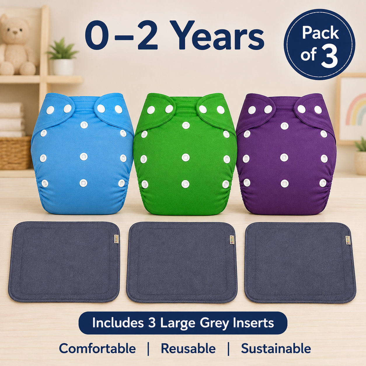Solid Trio Reusable Cloth Diapers with Grey Inserts– Pack of 3
