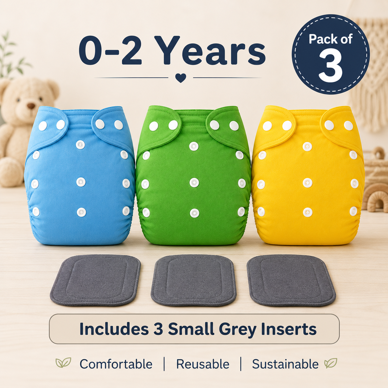 Solid Trio Reusable Cloth Diapers with Grey Inserts– Pack of 3