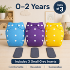 Solid Trio Reusable Cloth Diapers with Grey Inserts– Pack of 3