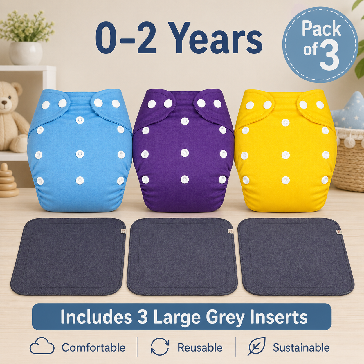 Solid Trio Reusable Cloth Diapers with Grey Inserts– Pack of 3