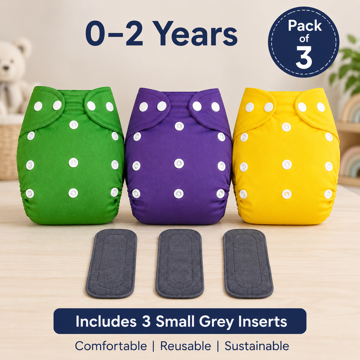 Solid Trio Reusable Cloth Diapers with Grey Inserts– Pack of 3