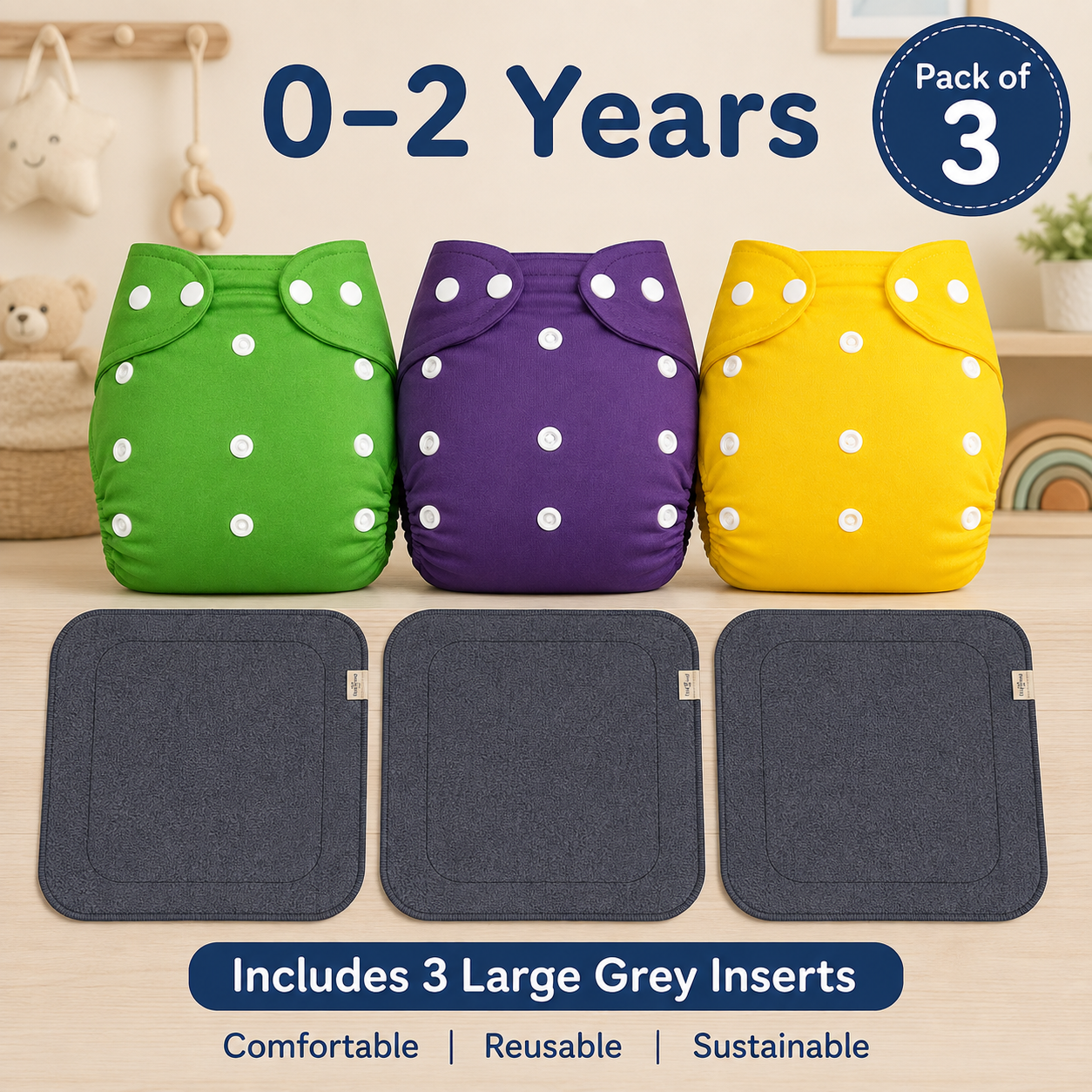 Solid Trio Reusable Cloth Diapers with Grey Inserts– Pack of 3