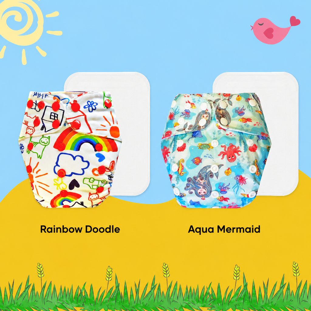 Printed Cloth Diaper With Large White Insert (Pack of 2)