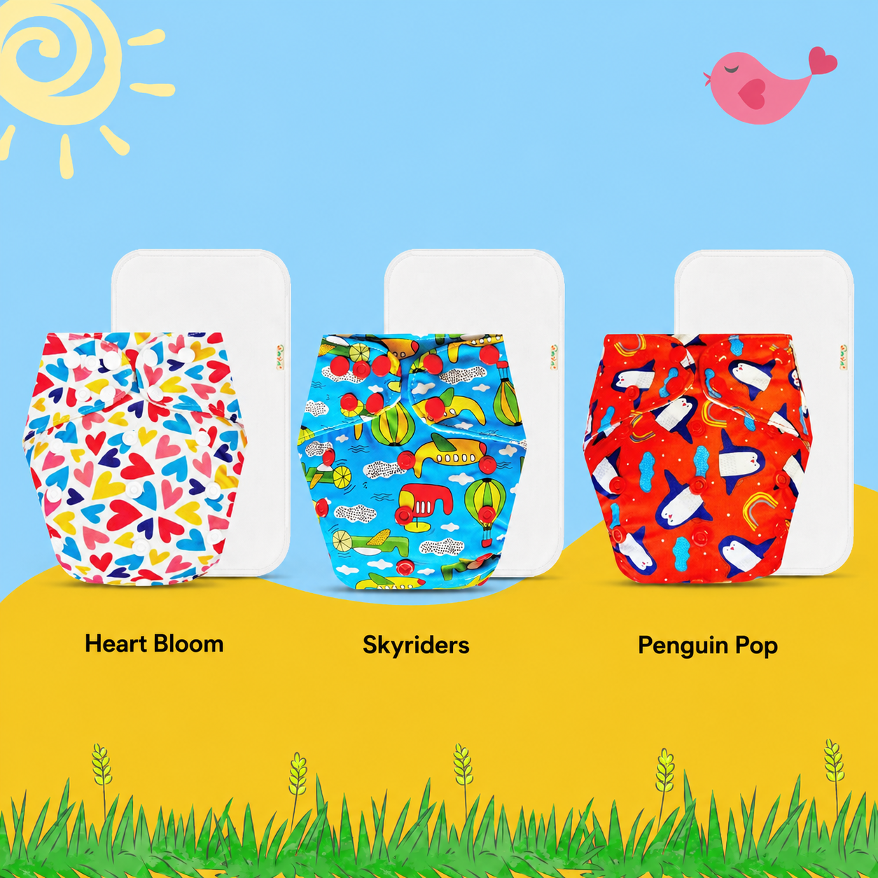 Printed Cloth Diaper With Large White Insert (Pack of 3)