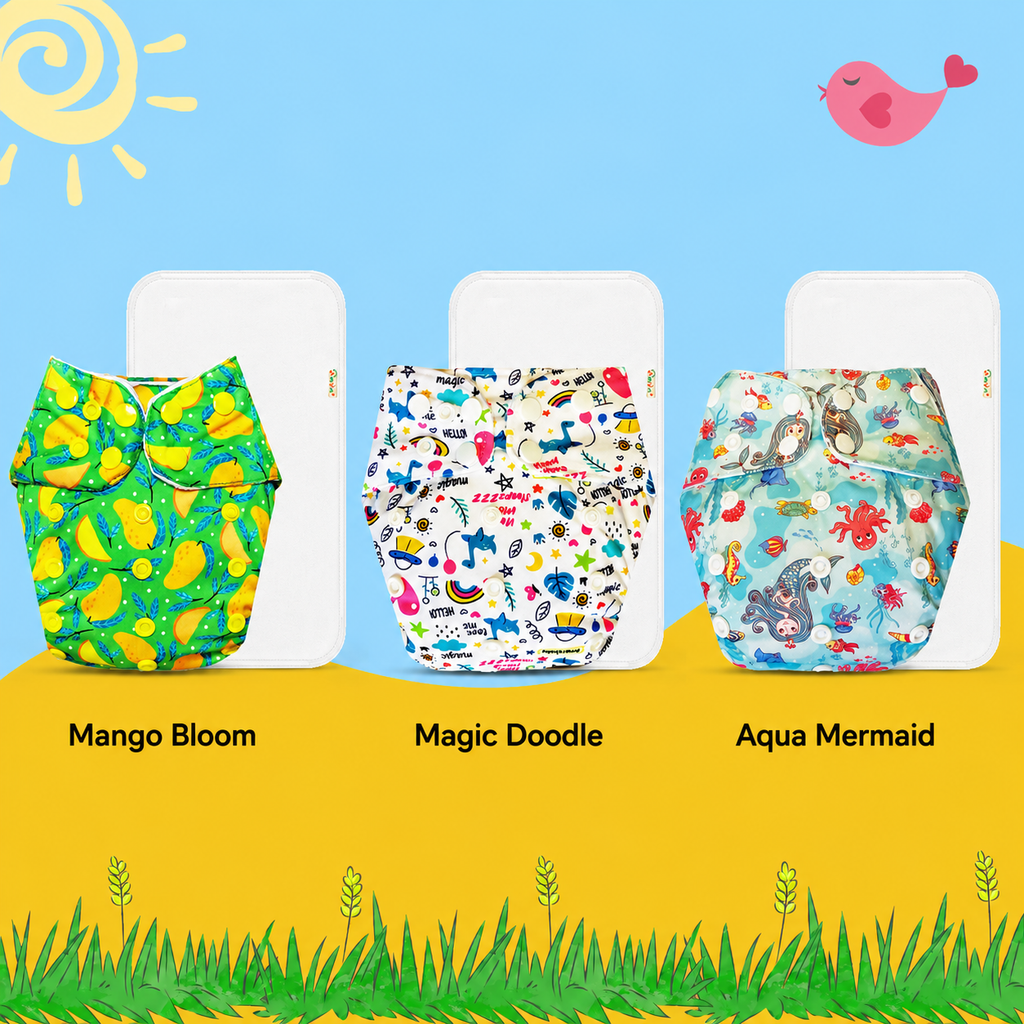 Printed Cloth Diaper With Large White Insert (Pack of 3)