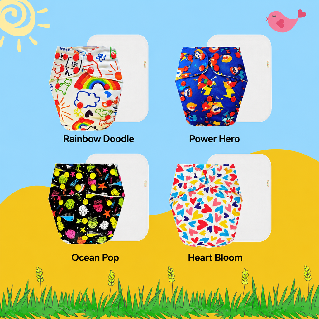 Printed Cloth Diaper With Large White Insert (Pack of 4)