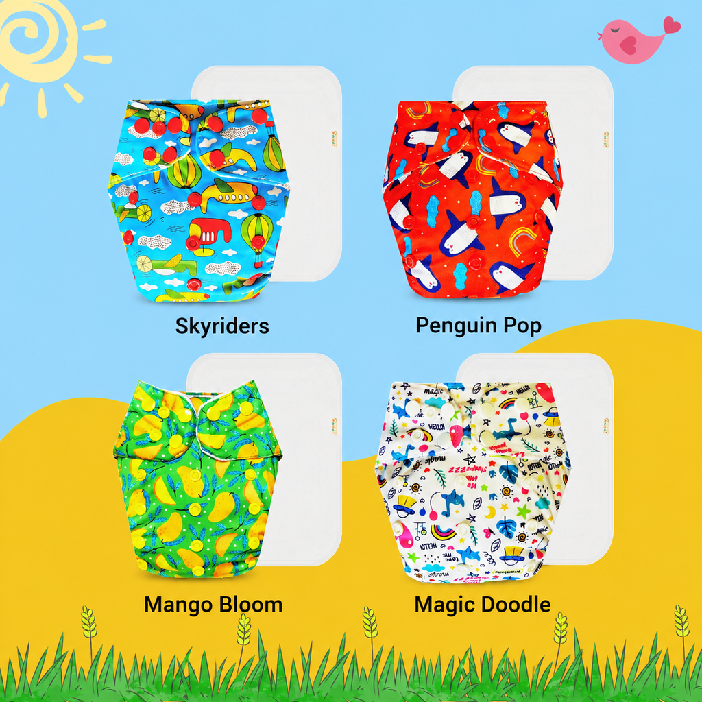 Printed Cloth Diaper With Large White Insert (Pack of 4)