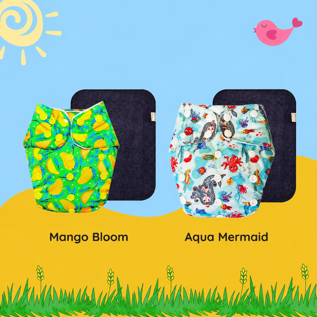 Printed Cloth Diaper With Large Black Insert (Pack of 2)