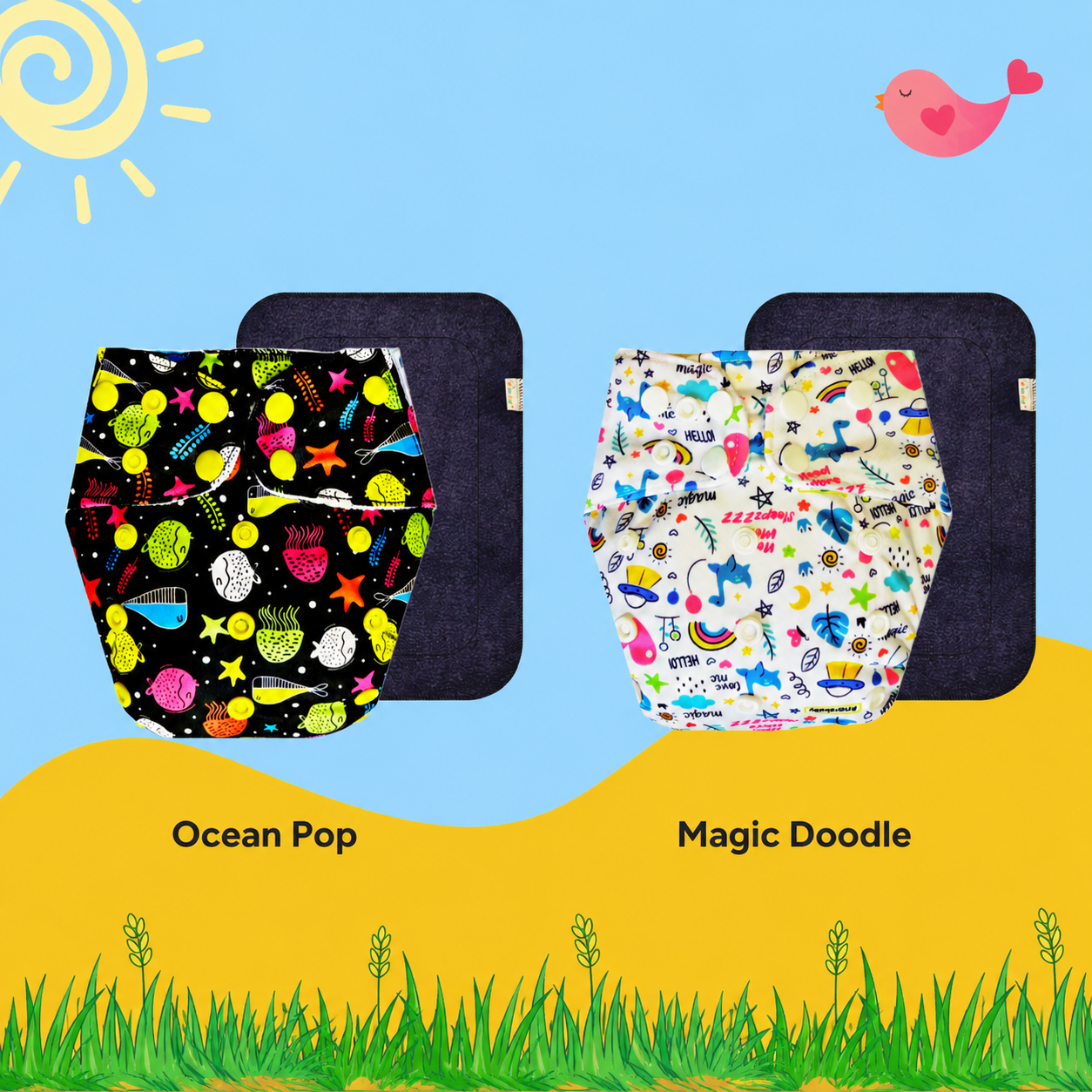 Printed Cloth Diaper With Large Black Insert (Pack of 2)