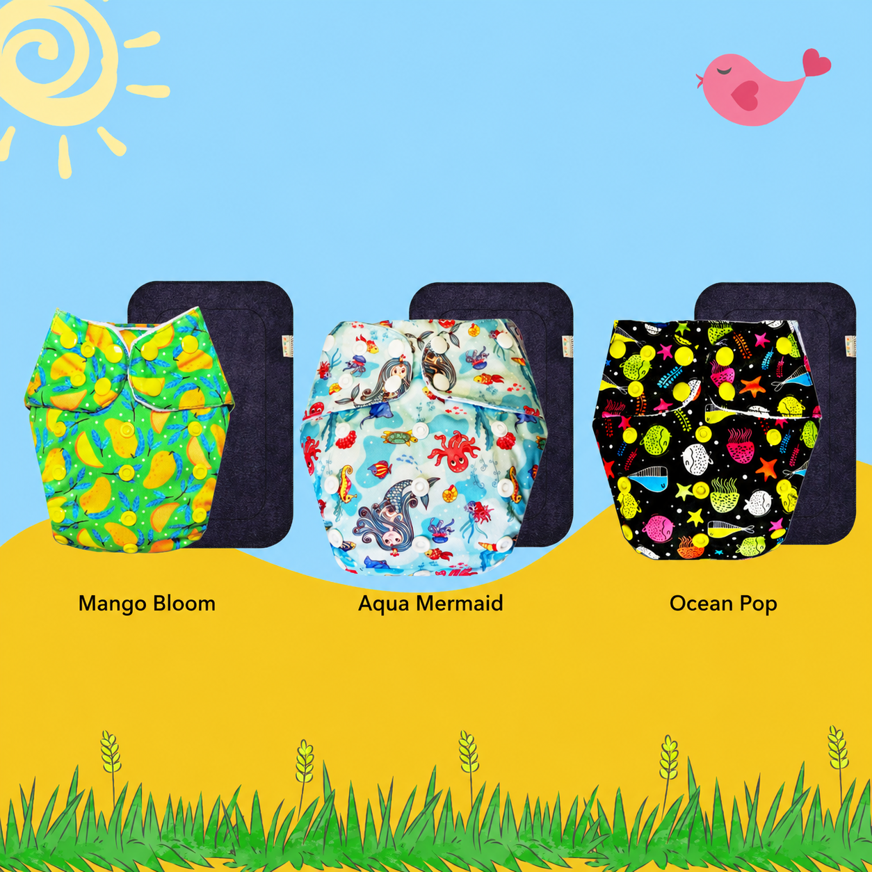 Printed Cloth Diaper With Large Black Insert (Pack of 3)