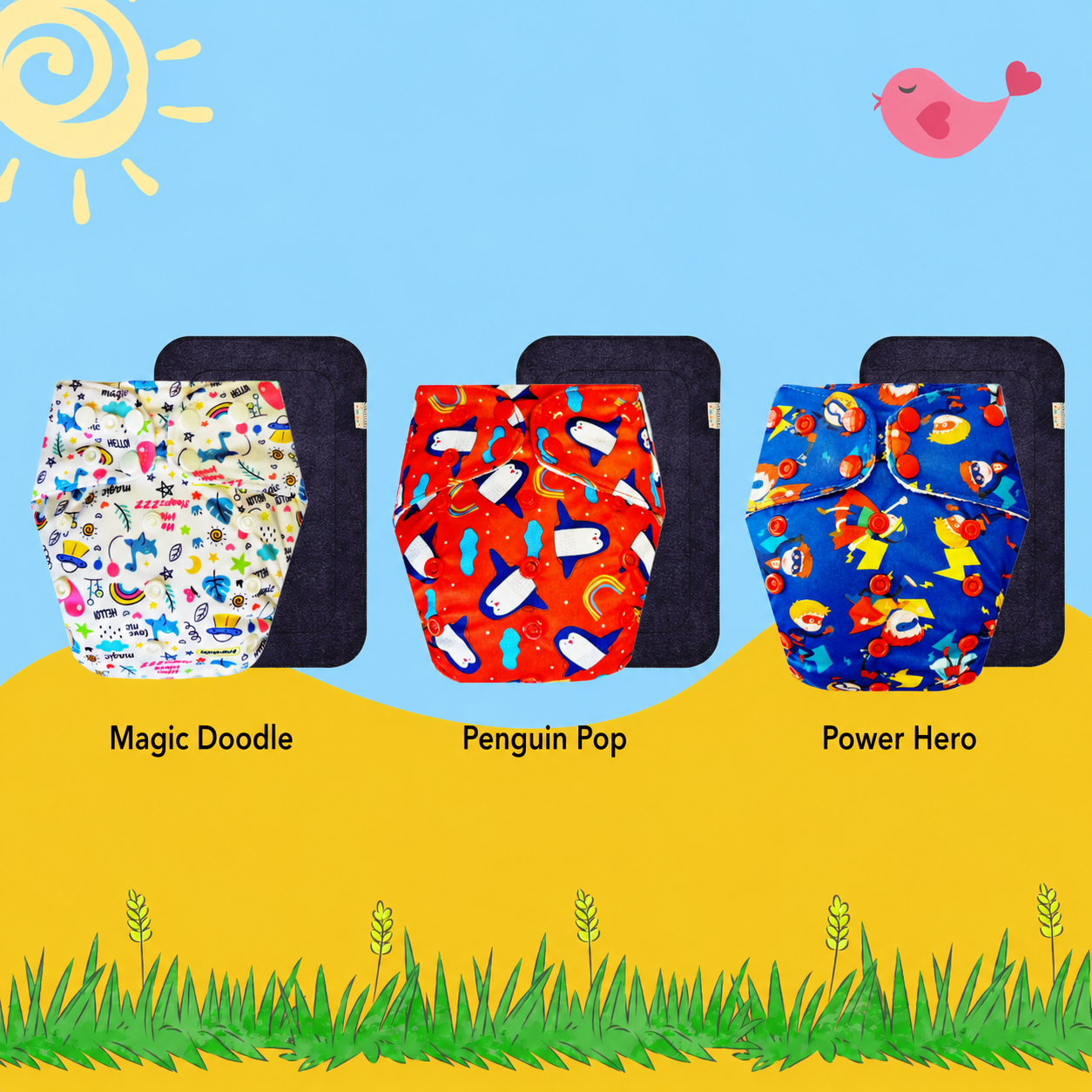 Printed Cloth Diaper With Large Black Insert (Pack of 3)