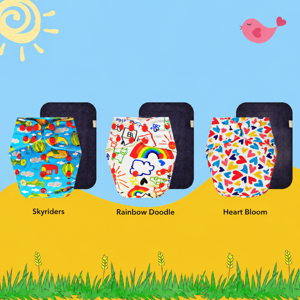 Printed Cloth Diaper With Large Black Insert (Pack of 3)