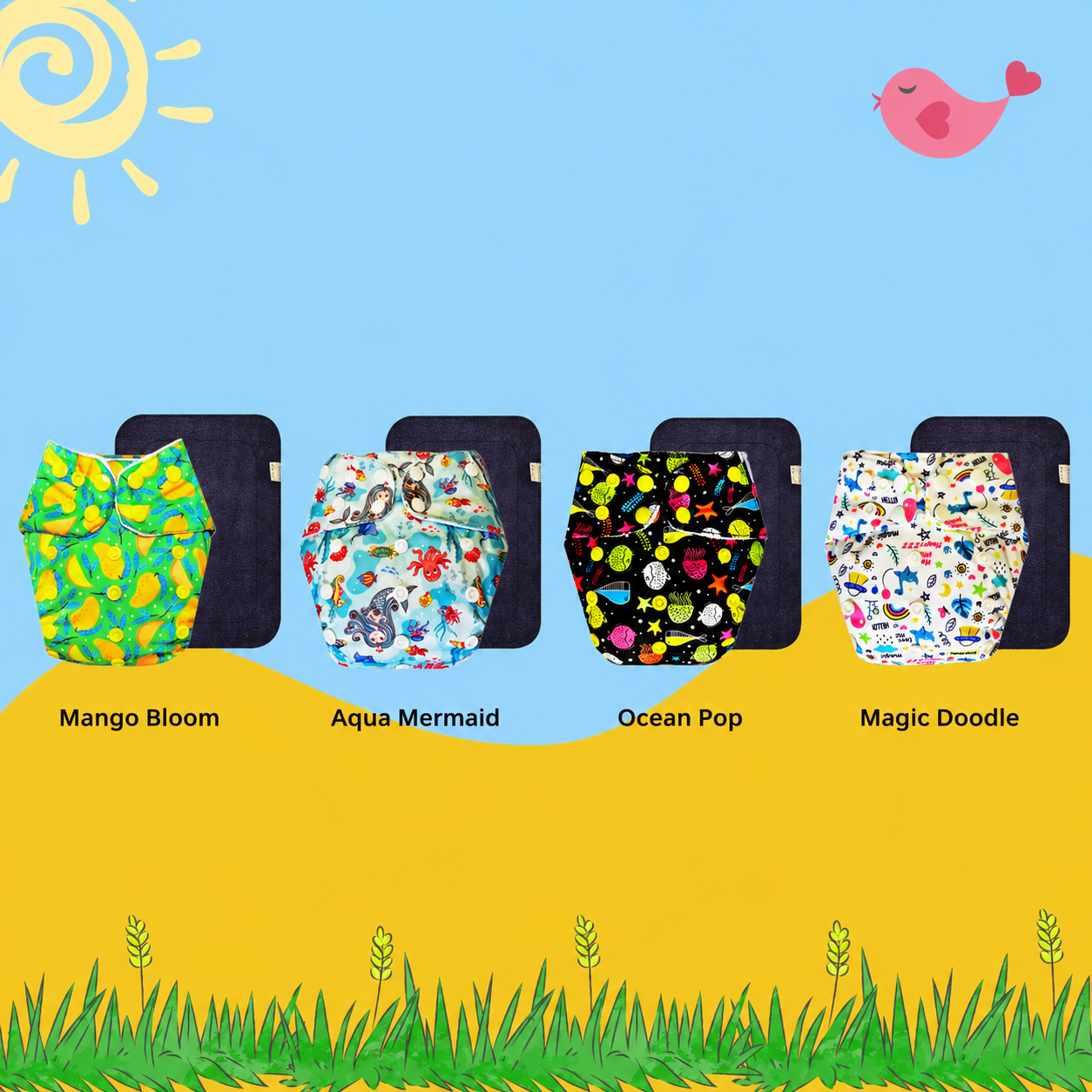 Printed Cloth Diaper With Large Black Insert (Pack of 4)