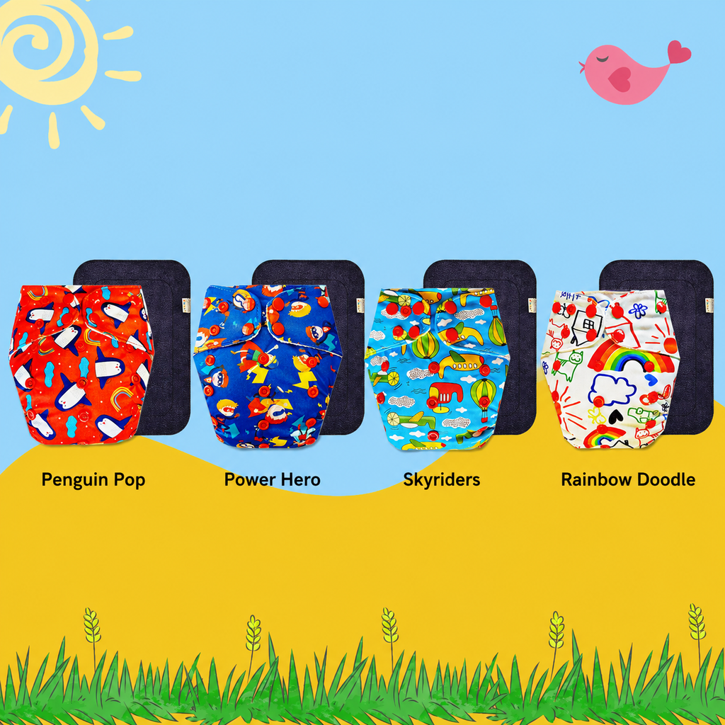 Printed Cloth Diaper With Large Black Insert (Pack of 4)