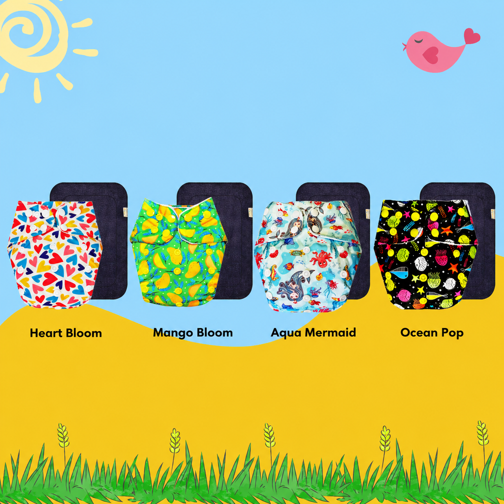 Printed Cloth Diaper With Large Black Insert (Pack of 4)