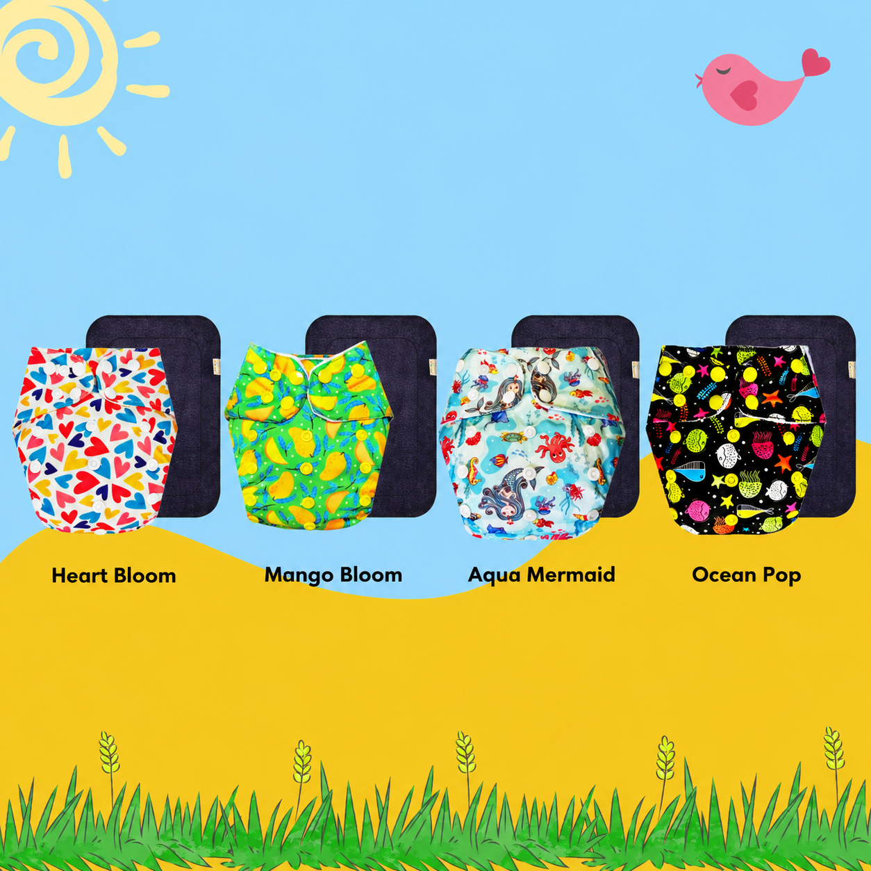 Printed Cloth Diaper With Large Black Insert (Pack of 4)