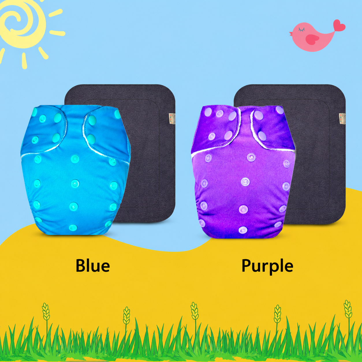 Solid Colors Cloth Diaper Packs With Large Black Insert (Pack of 2)