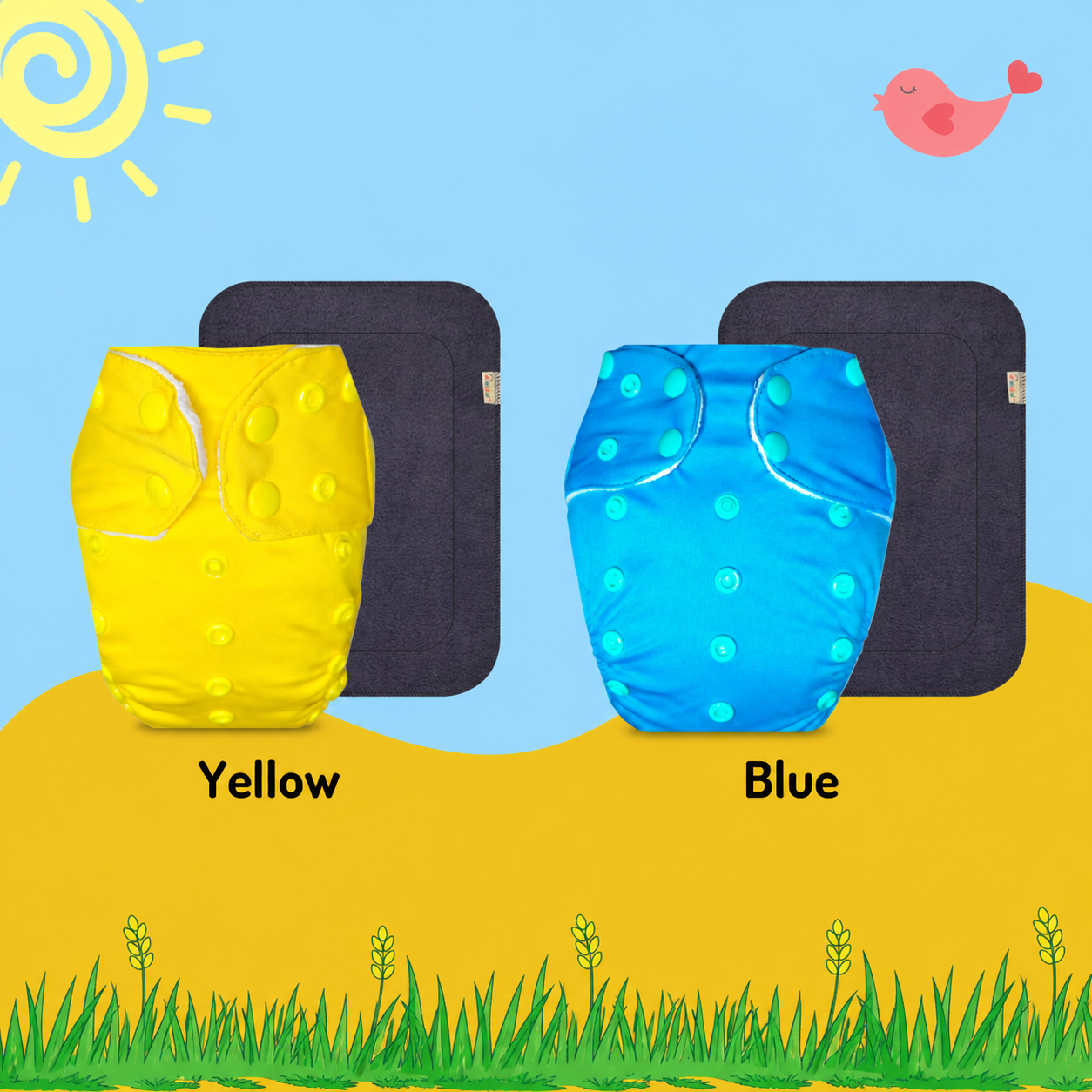 Solid Colors Cloth Diaper Packs With Large Black Insert (Pack of 2)