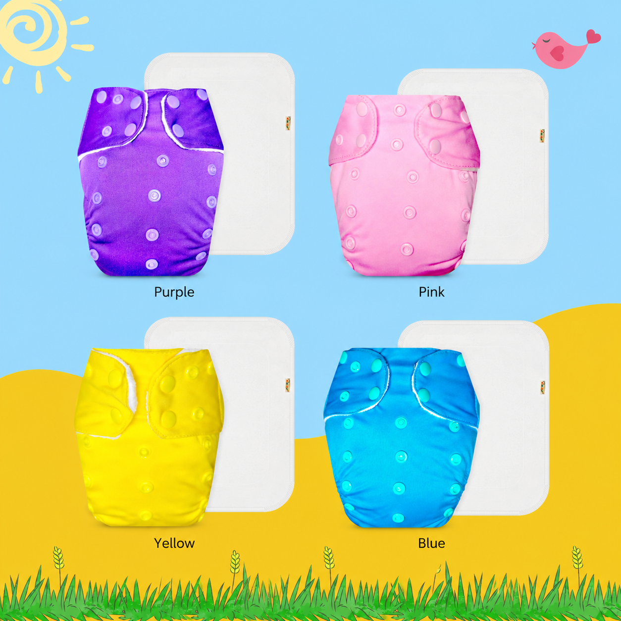 Solid Colors Cloth Diaper Packs With Large White insert Insert (Pack of 4)