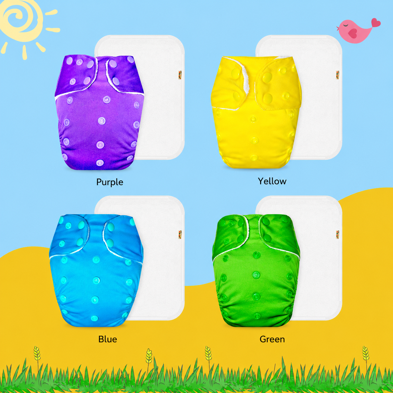 Solid Colors Cloth Diaper Packs With Large White insert Insert (Pack of 4)