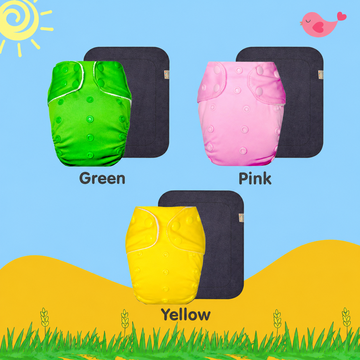 Solid Colors Cloth Diaper Packs With Large Black Insert (Pack of 3)