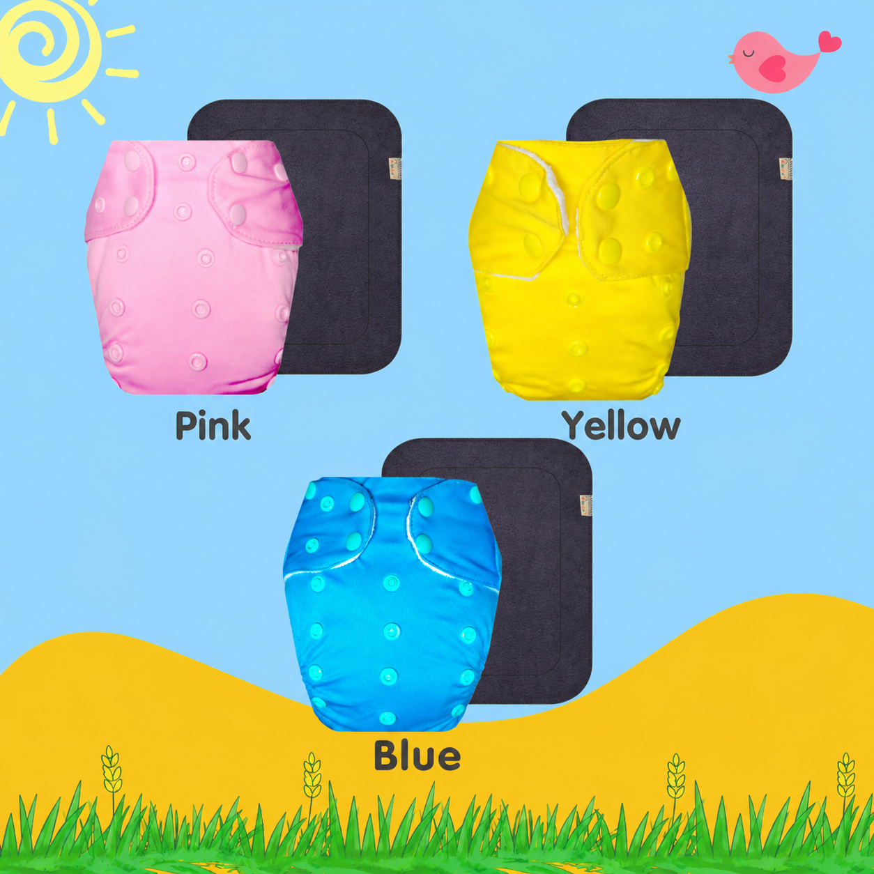 Solid Colors Cloth Diaper Packs With Large Black Insert (Pack of 3)