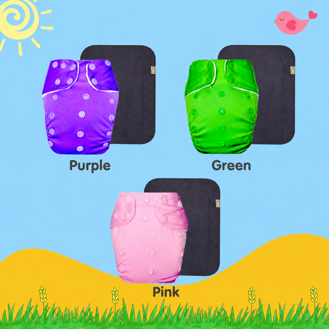 Solid Colors Cloth Diaper Packs With Large Black Insert (Pack of 3)