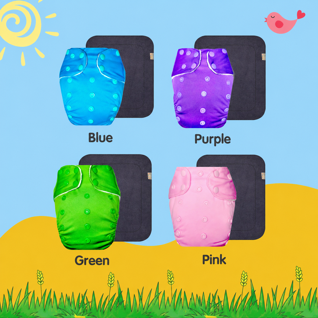 Solid Colors Cloth Diaper Packs With Large Black Insert (Pack of 4)
