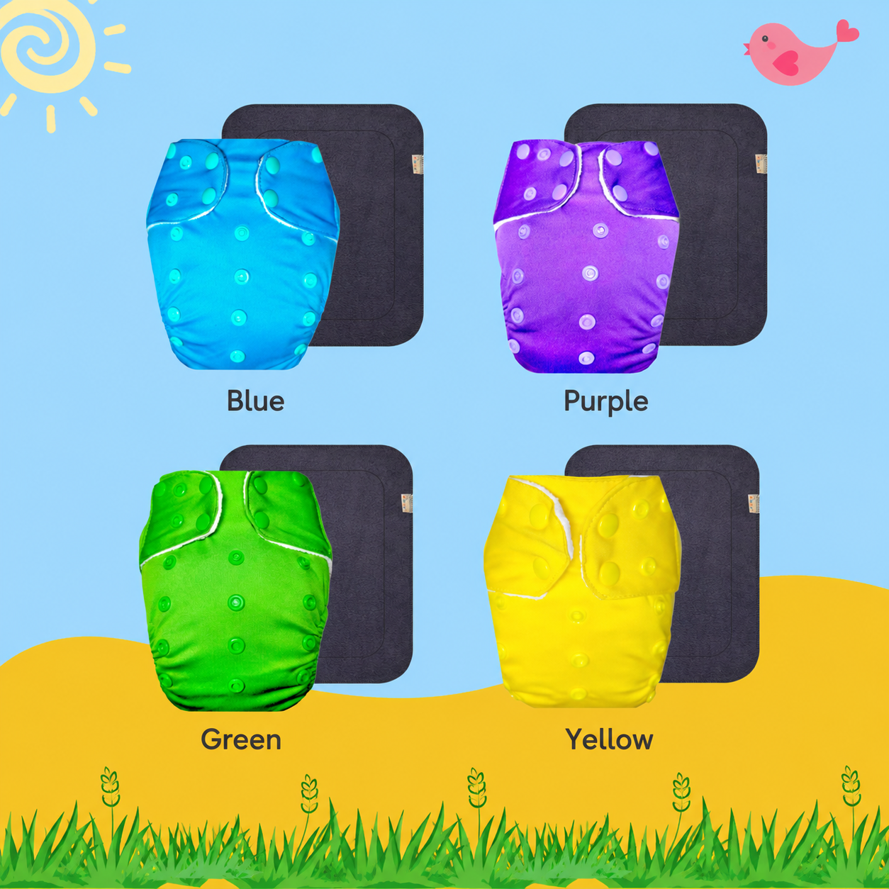 Solid Colors Cloth Diaper Packs With Large Black Insert (Pack of 4)