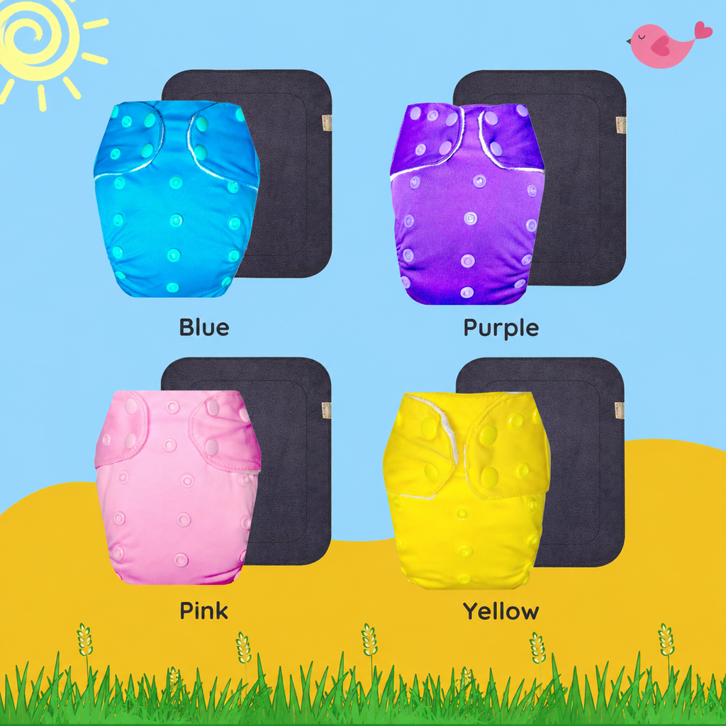 Solid Colors Cloth Diaper Packs With Large Black Insert (Pack of 4)