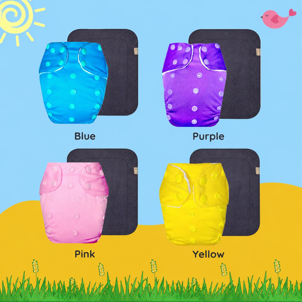 Solid Colors Cloth Diaper Packs With Large Black Insert (Pack of 4)