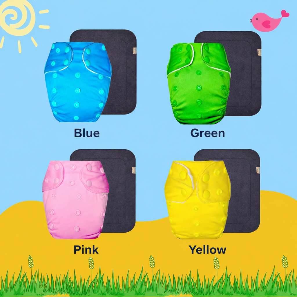Solid Colors Cloth Diaper Packs With Large Black Insert (Pack of 4)