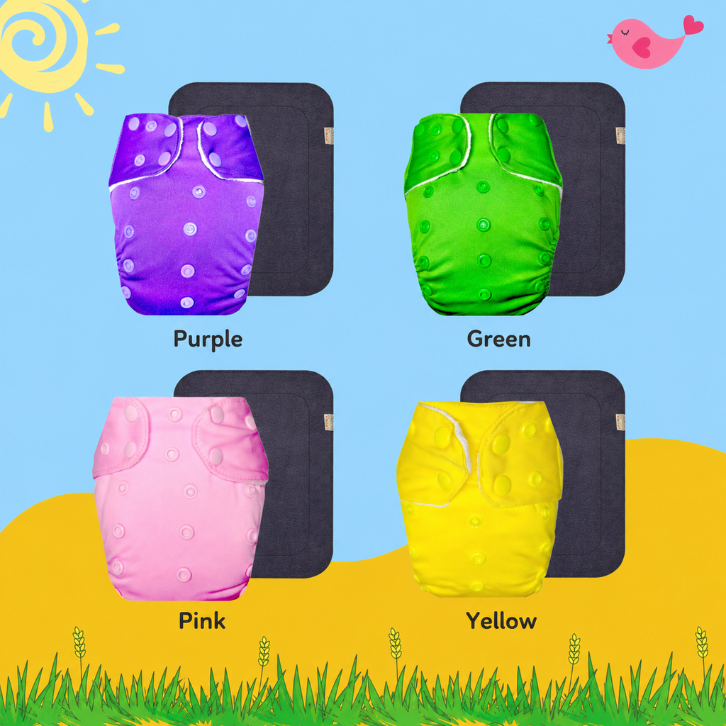 Solid Colors Cloth Diaper Packs With Large Black Insert (Pack of 4)